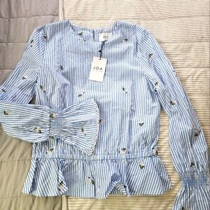 JOA Blue Striped Blouse with Floral Embroidery Size M NWT